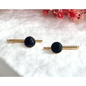 Faux Black Onyx Minimalist Stone Silver Toned Vintage Men's Cuff Links